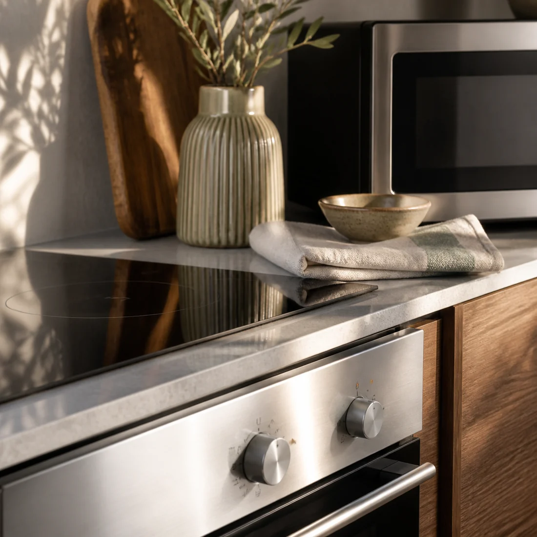 Well-kept electric kitchen appliances in warm morning light