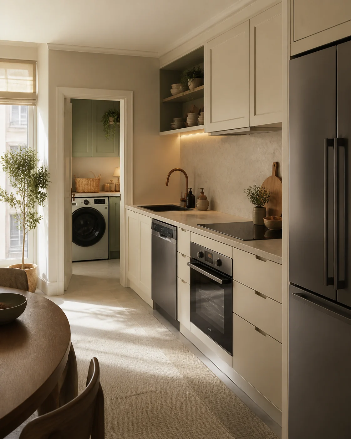 A warm contemporary kitchen with well-kept domestic appliances